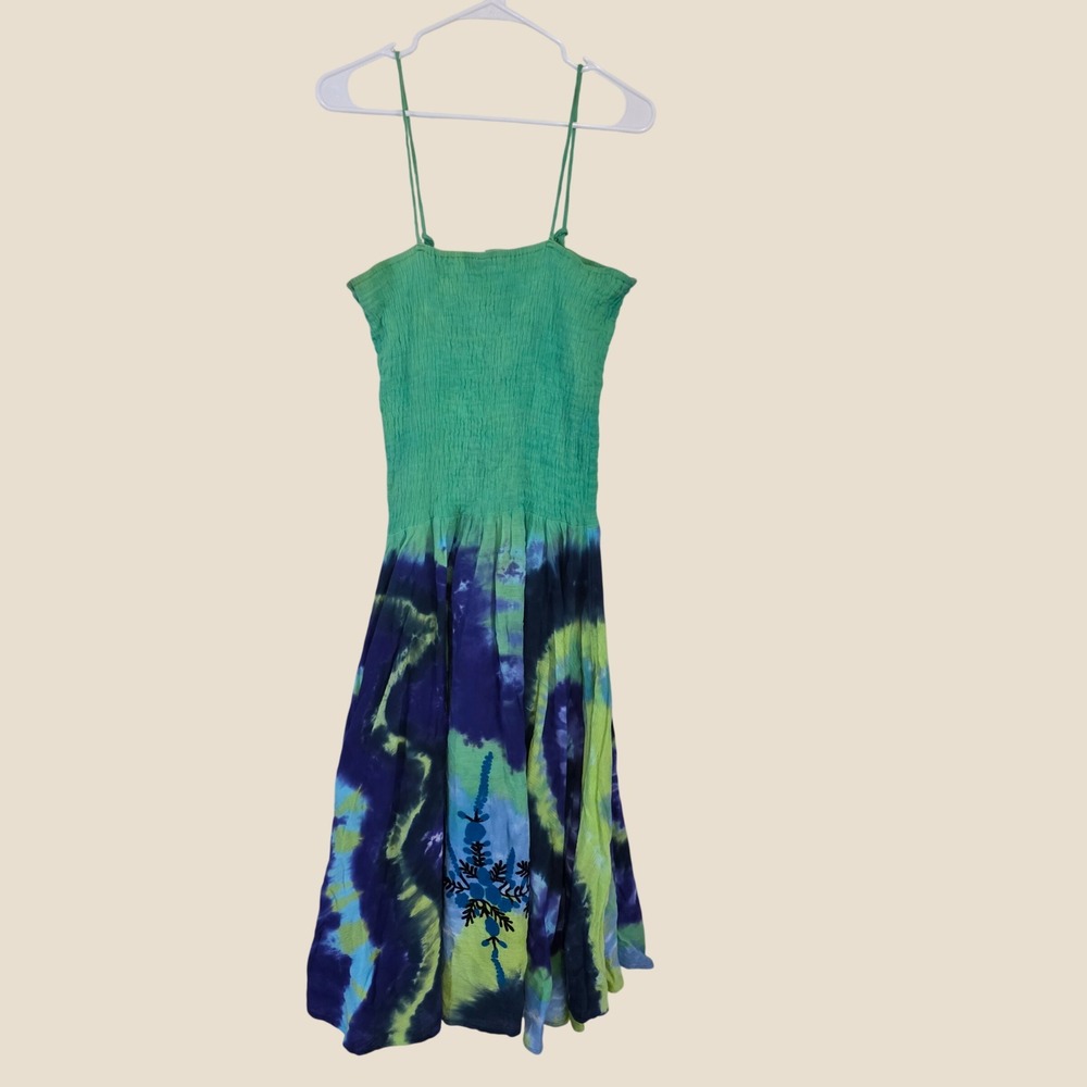 Advance Apparels Womens Dress Free Size Green Blue Tie Dye Smocked Boho Fairy